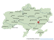 Karte der Ukraine, markiert ist der Standort des KKW Saporischschja