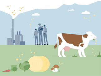 Grafik mit Kernkraftwerk, Familie, Kuh auf der Weide, Feldfrüchten