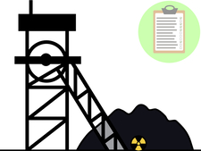 Bergwerk mit Radioaktivitätssymbol und Untersuchungs-Datenblatt