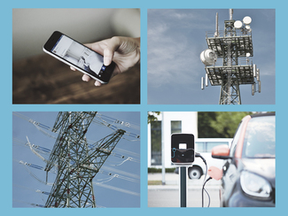 Collage mit Smartphone, Mobilfunksendemast, Strommast und Elektroauto an der Ladestation