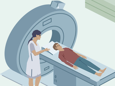 Illustration eines Menschen, der in ein CT-Gerät gefahren wird