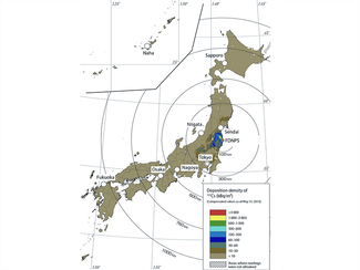 Karte von Japan mit Ablagerung von Cäsium-137 in kBq/m2 nach dem Reaktorunfall von Fukushima: Messergebnisse der von MEXT durchgeführten Erhebungen zur luftgestützten Überwachung