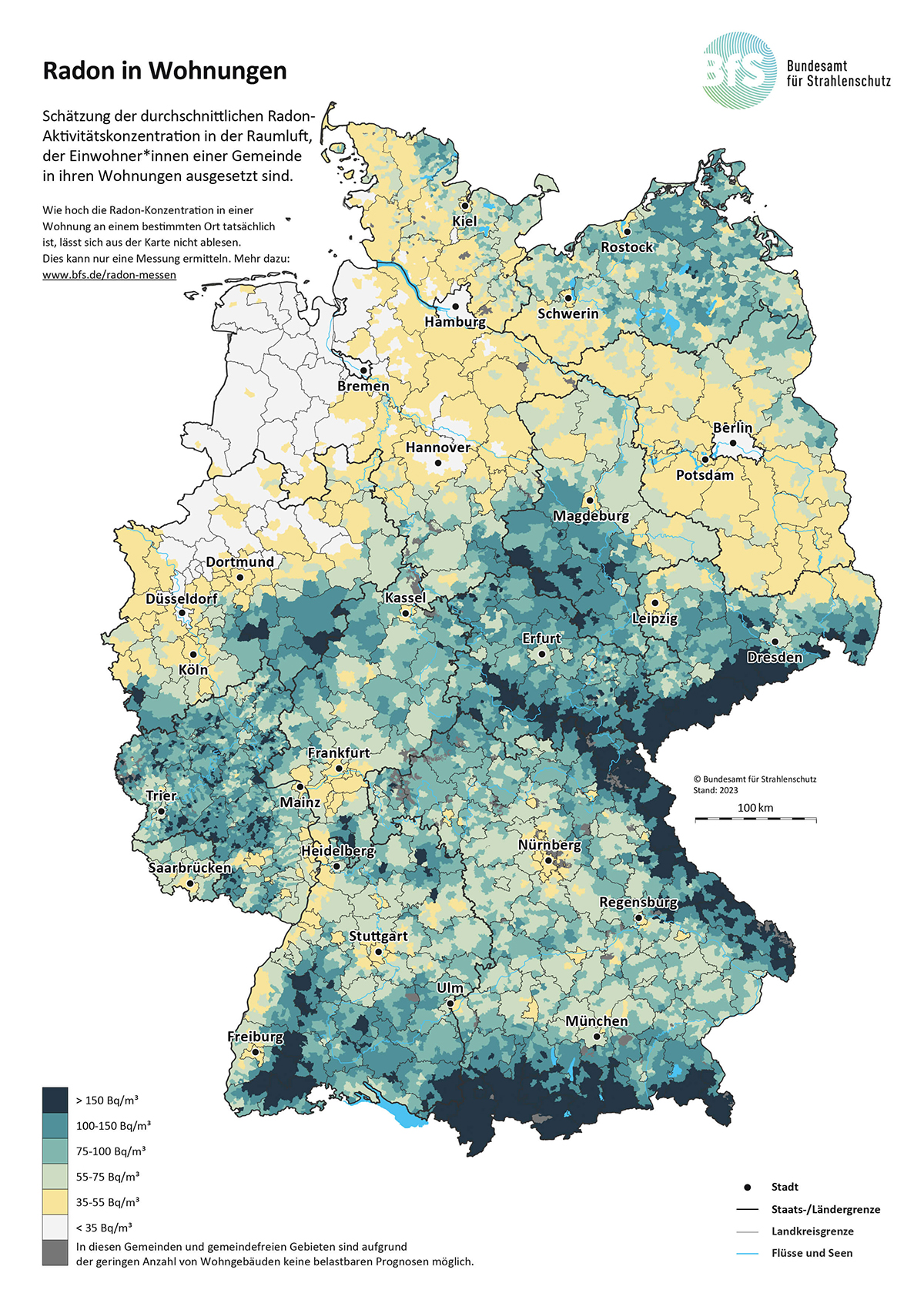 Die Karte bietet eine Übersicht der Durchschnittlichen Radon-Konzentrationen in Deutschland
