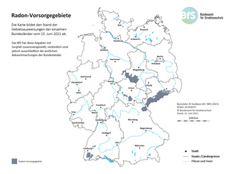 Die Karte bildet den Stand der Ausweisung von Radon-Vorsorgegebieten der einzelnen Bundesländer vom 15. Juni 2021 ab. (Bild hat eine Langbeschreibung)