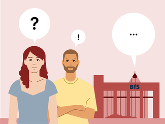 Illustration: Man and woman in the foreground. BfS building in the background. Speech bubble above the woman with question mark signals questions. Speech bubble with an exclamation mark above the man signals assertions.