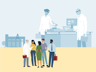 Graphic with BfS building in the background. Larger two researchers with microscope and screens with graphic analyses. In the foreground is a group of people: a researcher explains new findings to politicians and citizens.