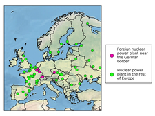 Map of Europe with active nuclear power plants near the German border and in the rest of Europe