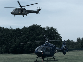 Two helicopters landing on grassland (show image)