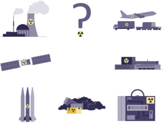 Sketches: nuclear power plant, transport vehicles, satellite, nuclear facilities, and others, each with a radioactivity symbol