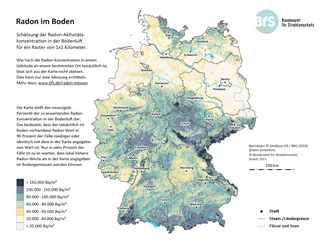 Map: Radon activity concentration in the soil air. How high the radon concentration actually is in a building at a certain location cannot be read from the map. Only a measurement can determine this. Read more: www.bfs.de/radon-messen