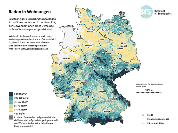 Deutschlandkarte mit Kennzeichnung Radonkonzentrationen